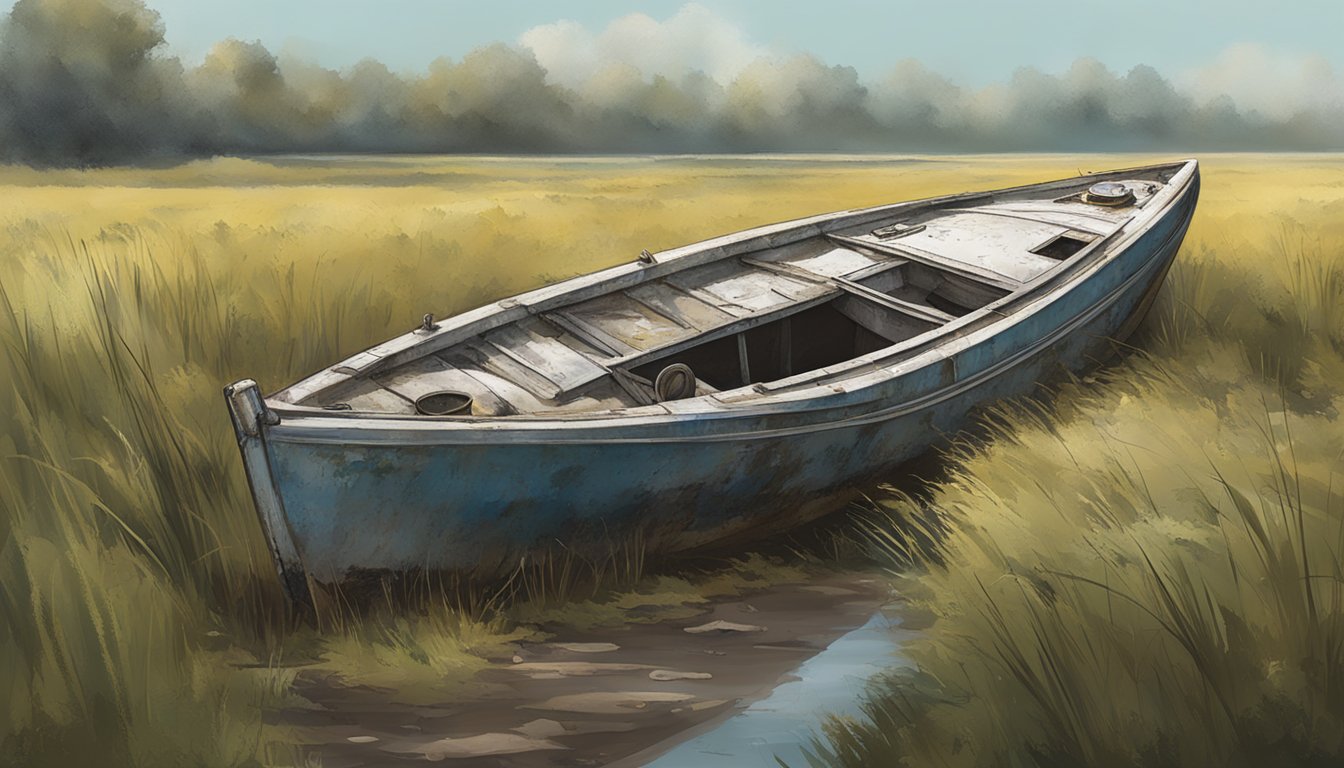 A fiberglass boat sits abandoned in a damp, overgrown field. Its once sleek exterior is now marred by patches of mold and signs of decay