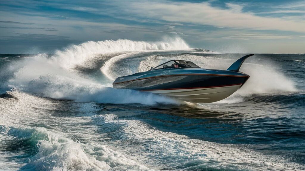 a powerboat in the ocean with turbulent water