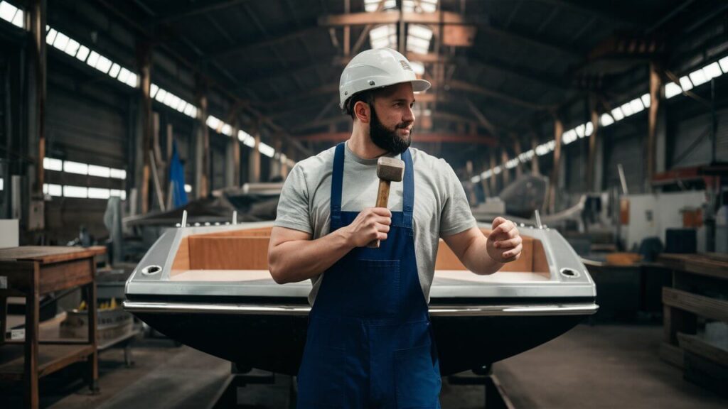 someone holding a hammer right in front of a boat transom