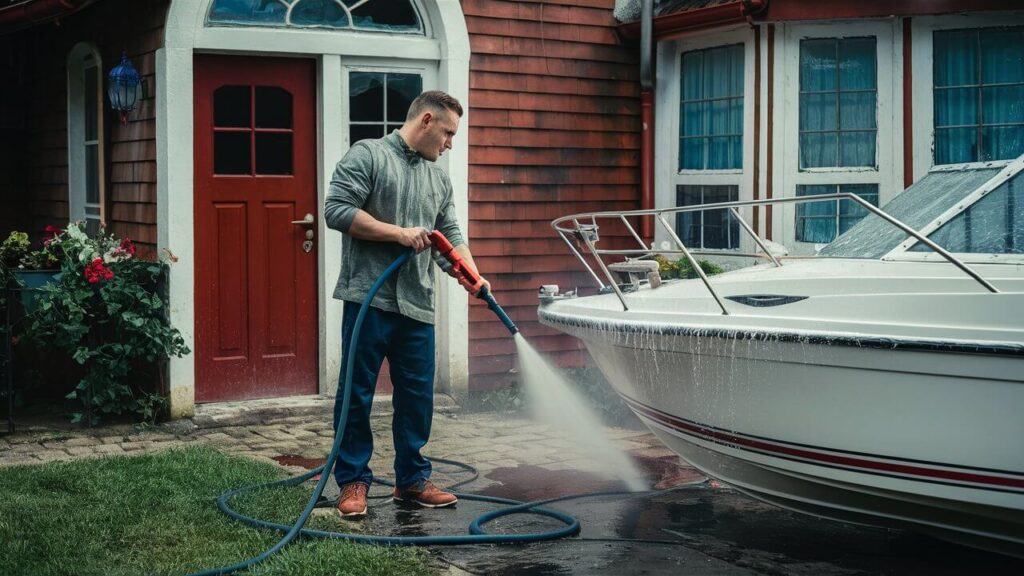someone pressure washing a boat in front of his house