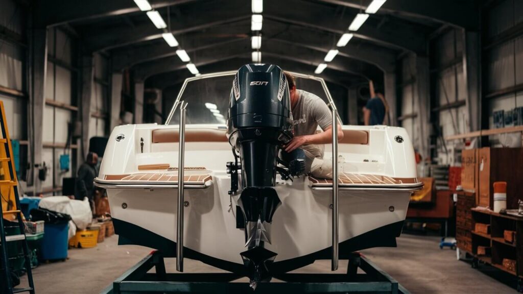 someone installing a motor on a boat transom