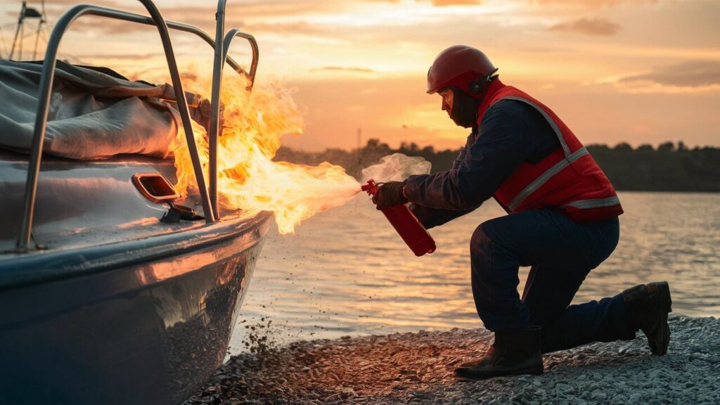 someone using extinguisher to stop fire on a fiberglass boat