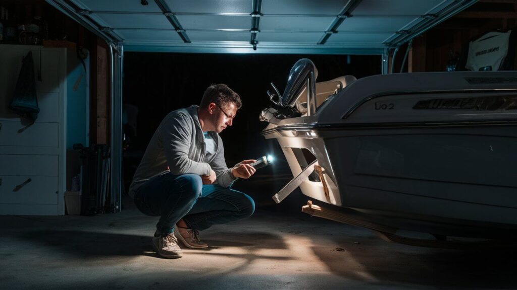 someone with a flashlight checking a boat transom