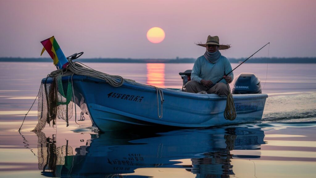 someone fishing on a fiberglass boat