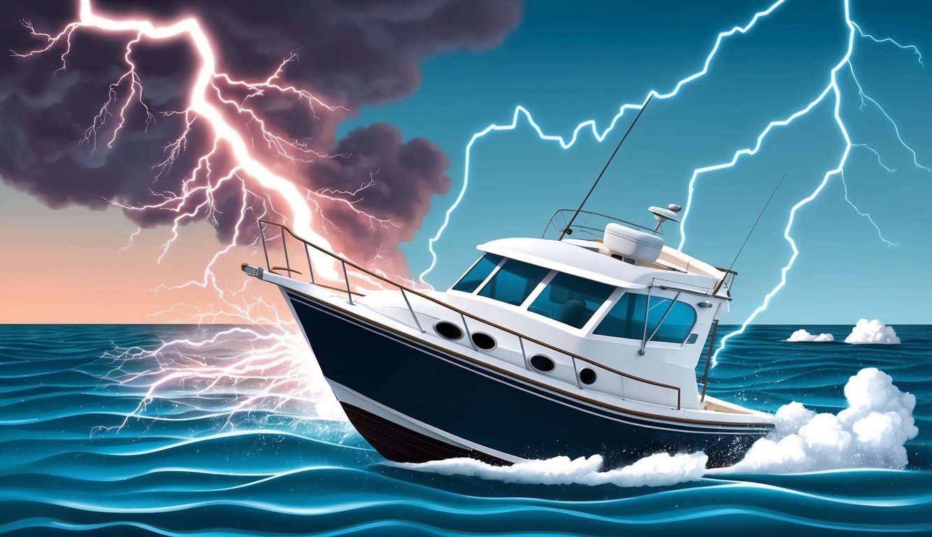 A fiberglass boat is struck by lightning, causing a bright flash and smoke, with the boat's surface showing signs of damage