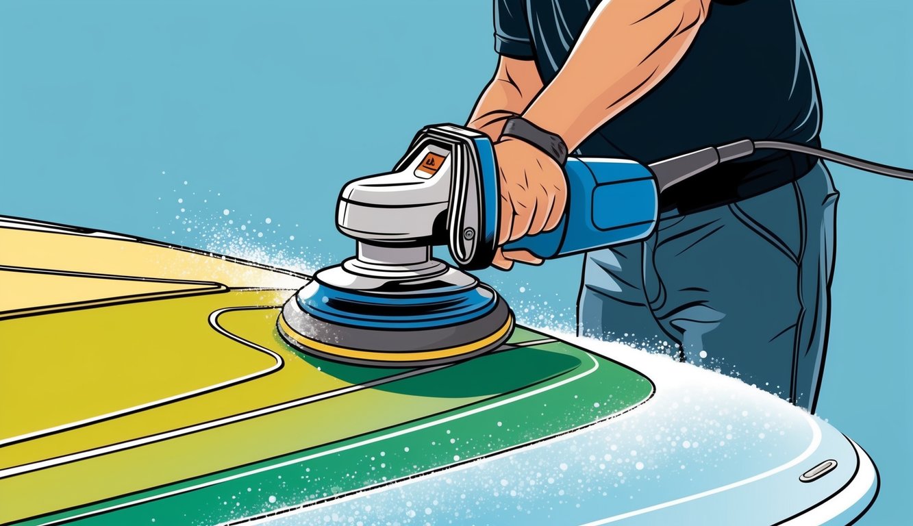 A person using a buffing machine to polish the surface of a fiberglass boat, with water and compound spray, creating a shiny, smooth finish