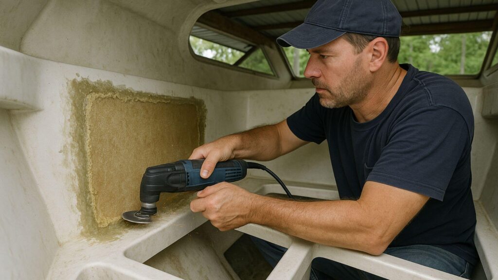 a man using a cutting tool to cut away the old fiberglass boat transom