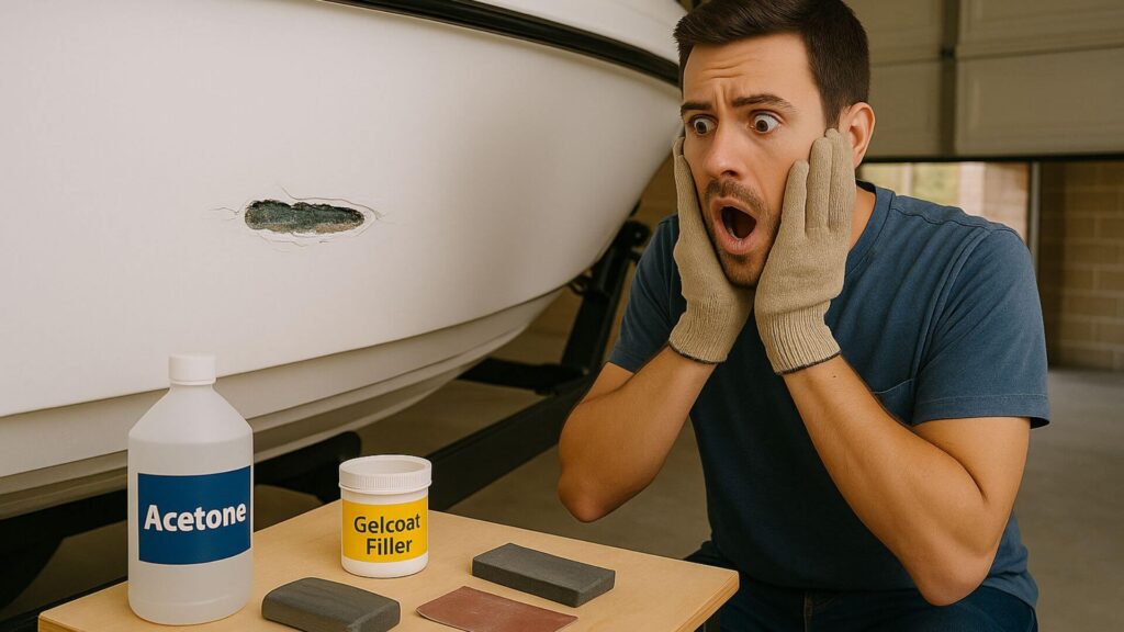 someone shocked because of a deep gouge damage into the fiberglass boat