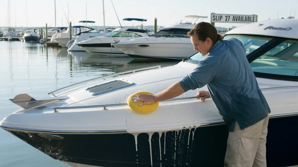 a man washing a fiberglass boat with car soap and a sponge