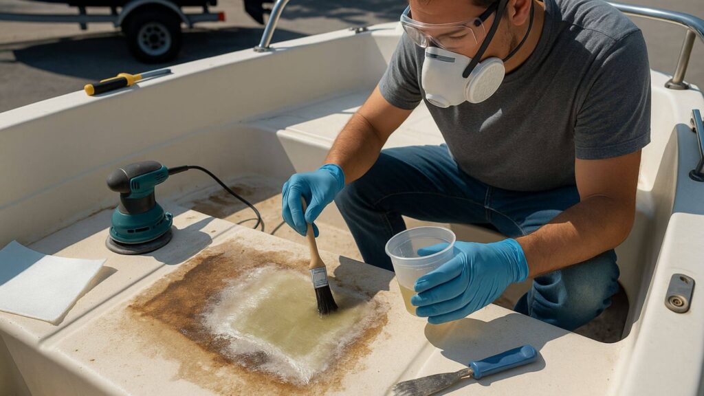 a man sitting and fixing a boat floor with fiberglass material