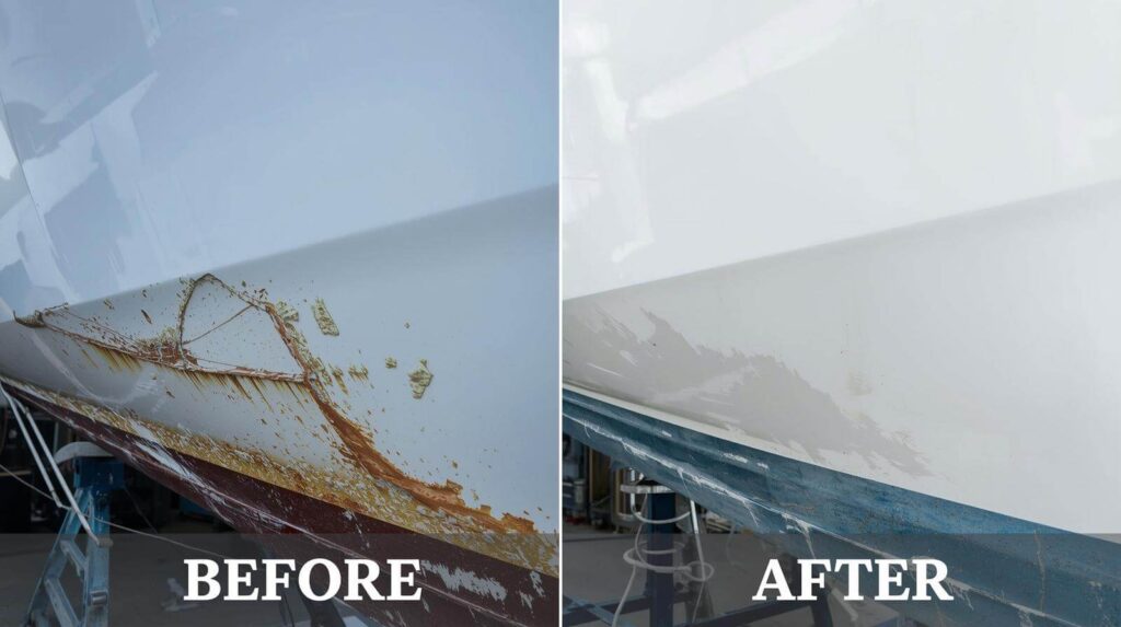 before and after boat keel repair