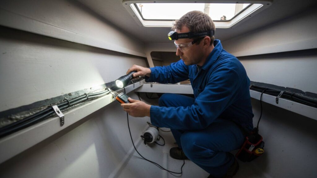 how to check a fiberglass boat for leaks - marine expert inspecting boat with moisture meter and flashlight