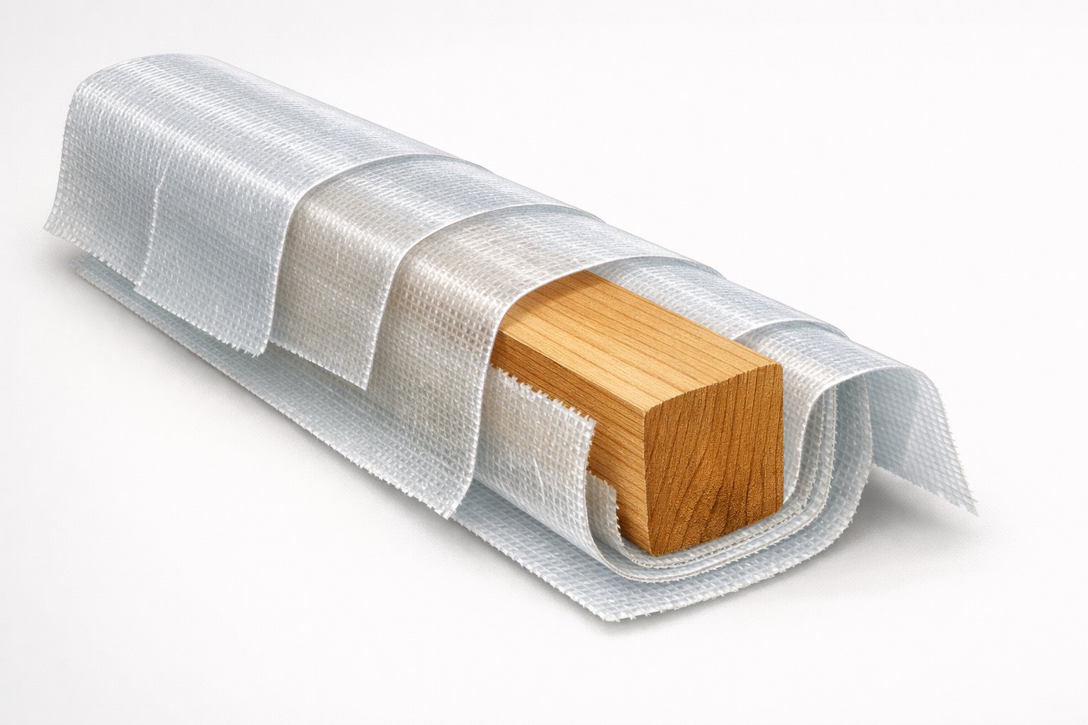 Cross-sectional view of a boat stringer with multiple layers of fiberglass wrapped around a wooden core.