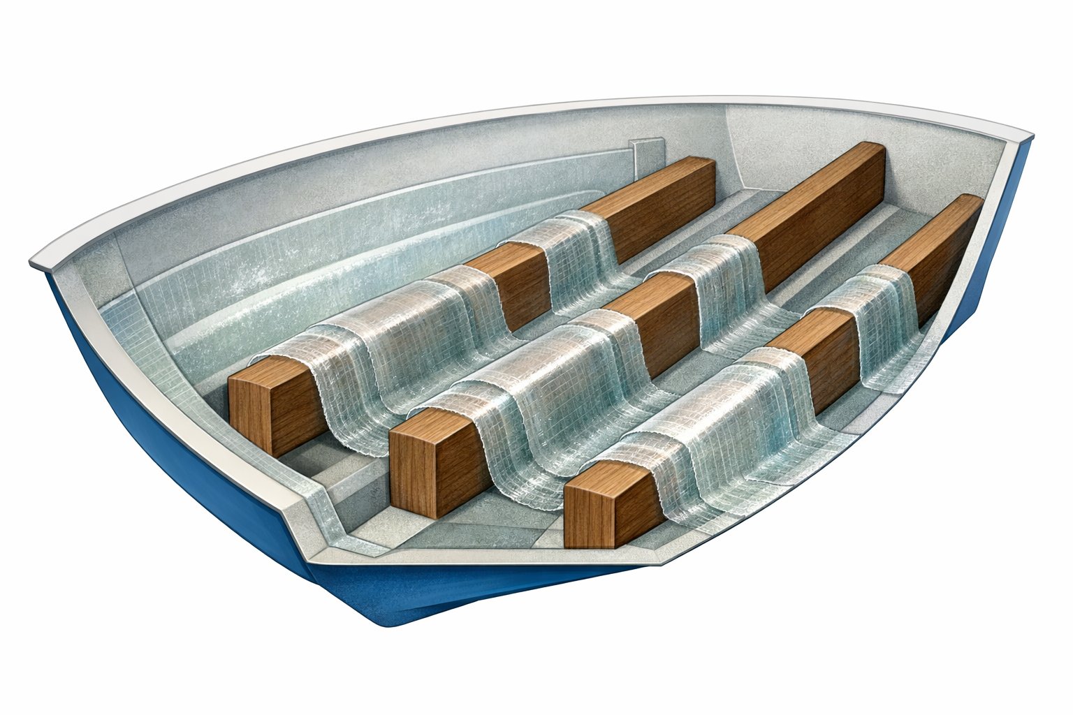 Cross-sectional view of a boat hull showing wooden stringers with multiple layers of fiberglass wrapped around them.