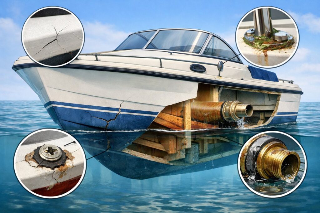 Cross-sectional illustration of a fiberglass boat hull showing common leak points like cracks, worn seals, and damaged fittings, with close-up views of the damage.