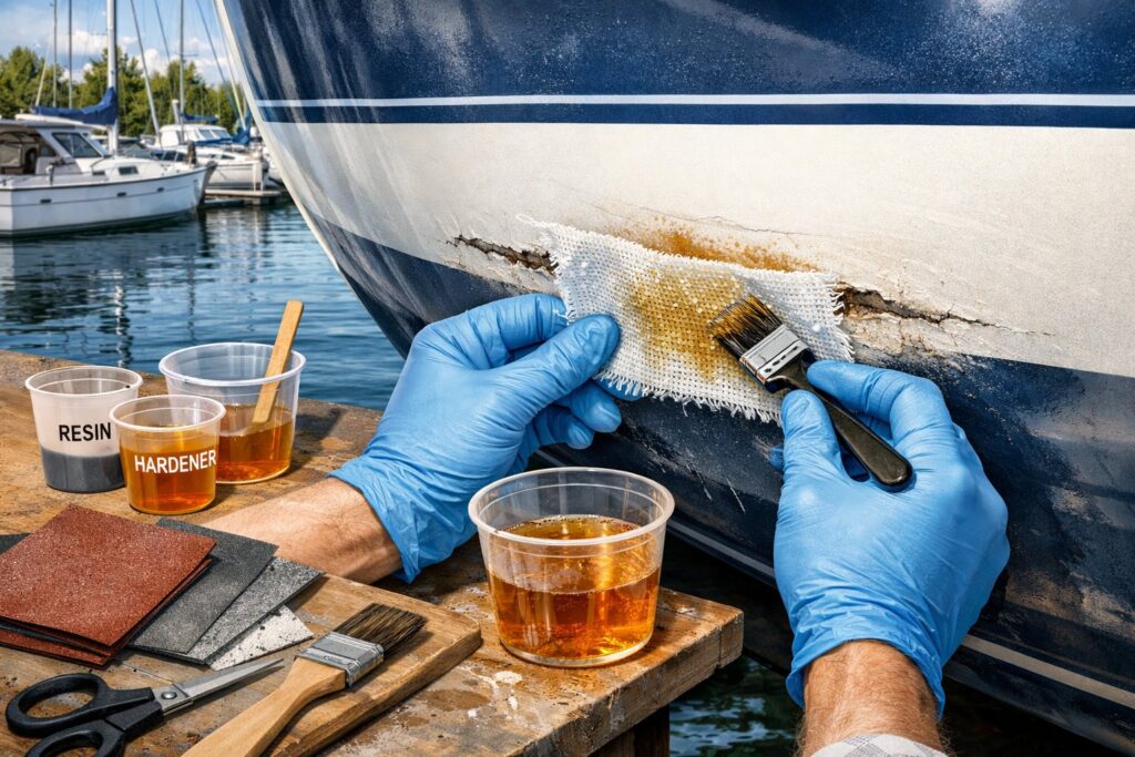 A person repairing a leak on the hull of a fiberglass boat using repair materials and tools near a marina.