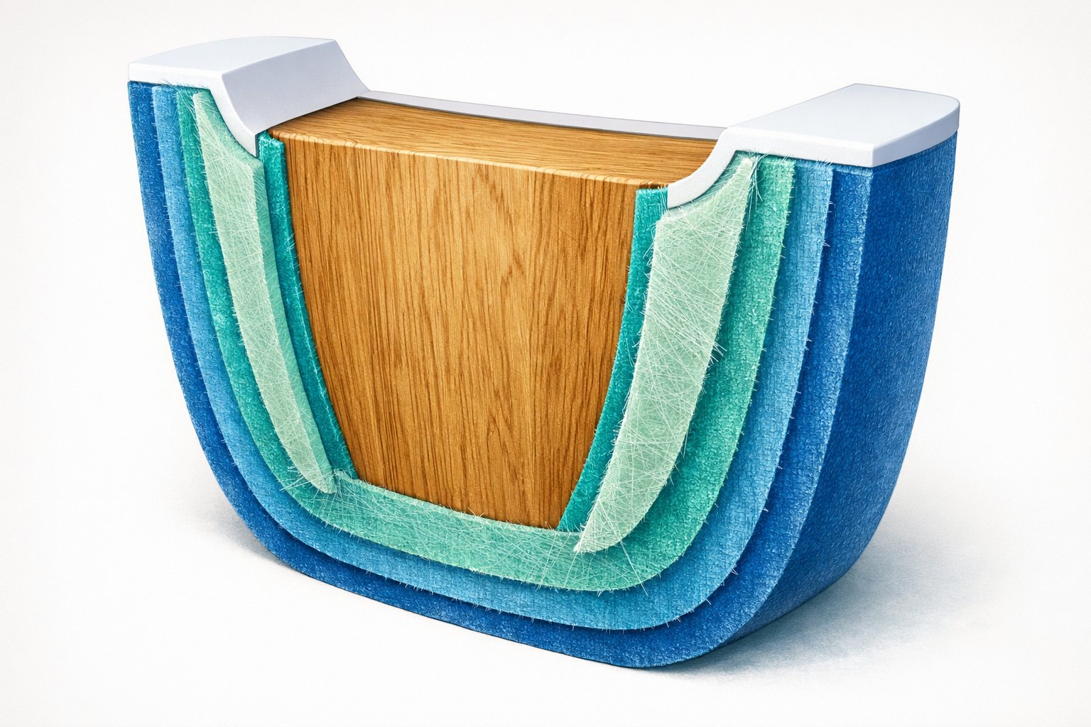 Cross-sectional view of a boat transom showing multiple layers of fiberglass applied over a wooden core.