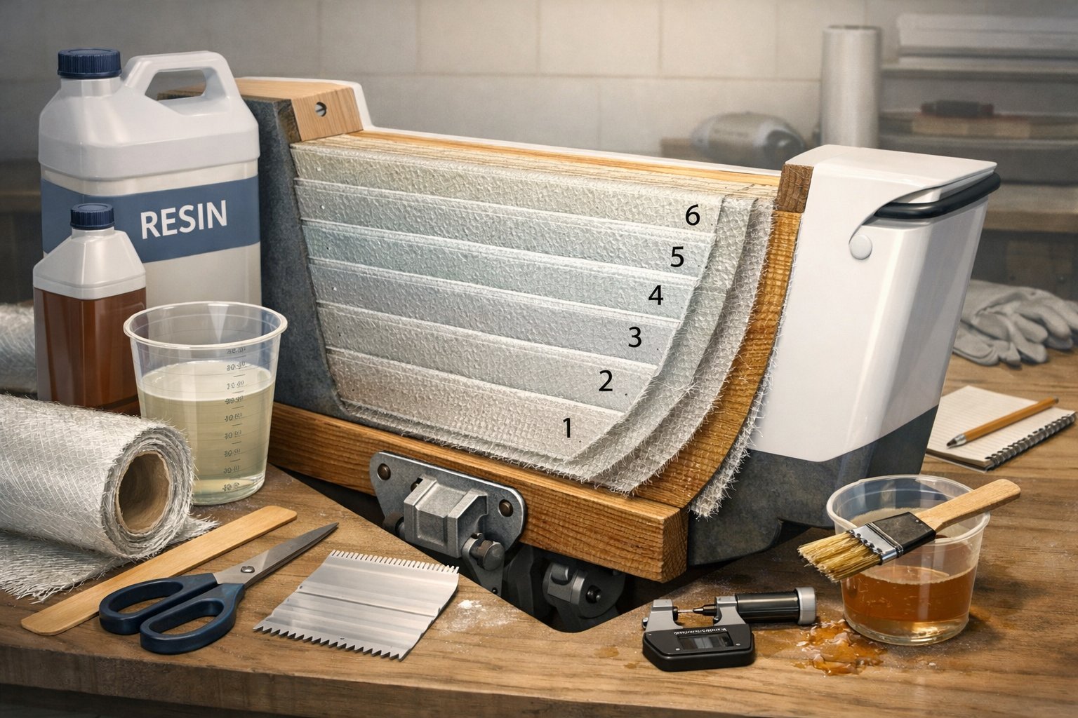 Cross-sectional view of a boat transom showing multiple layers of fiberglass being applied, with tools and materials nearby in a workshop setting.