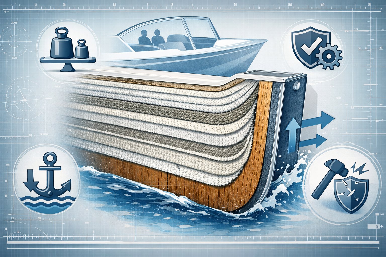 Cross-sectional illustration of a boat transom showing multiple layers of fiberglass with visual indicators of factors affecting layer quantity and strength.