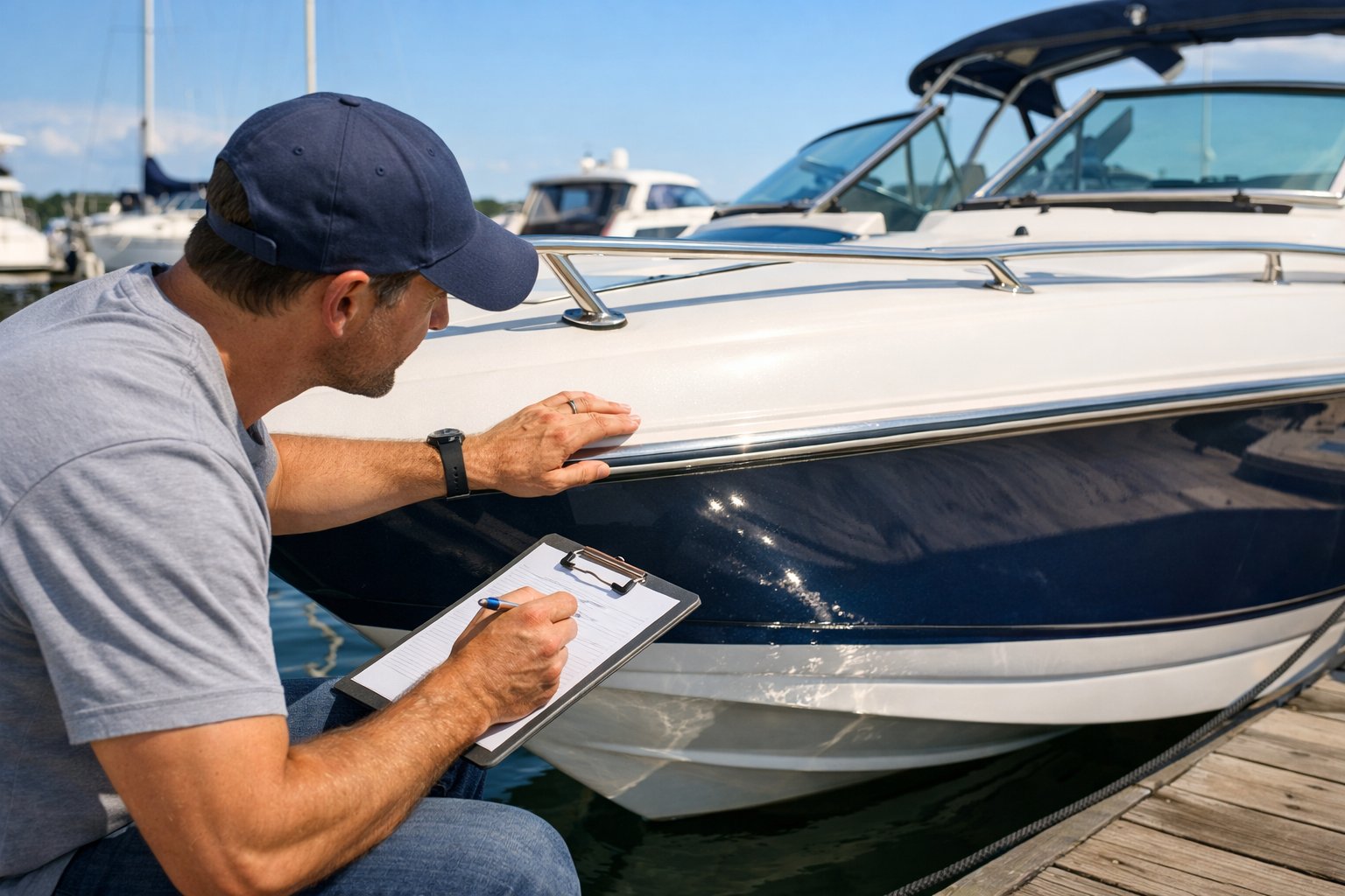 Person inspecting a fiberglass boat at a marina, taking notes during a boat assessment.