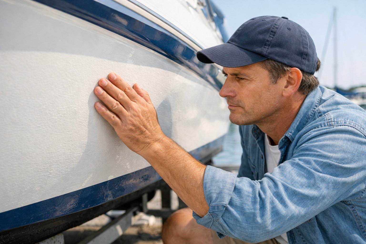Person inspecting the hull of a fiberglass boat at a marina.