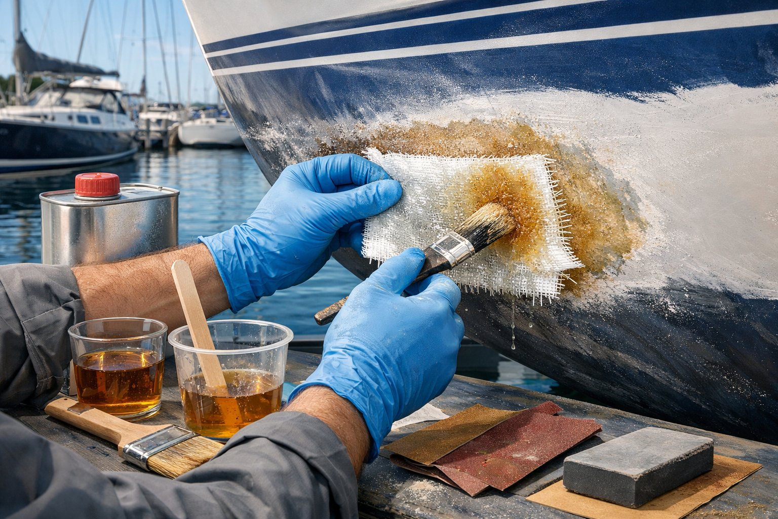 A technician repairing the fiberglass hull of a boat at a marina with tools nearby and boats docked in the background.