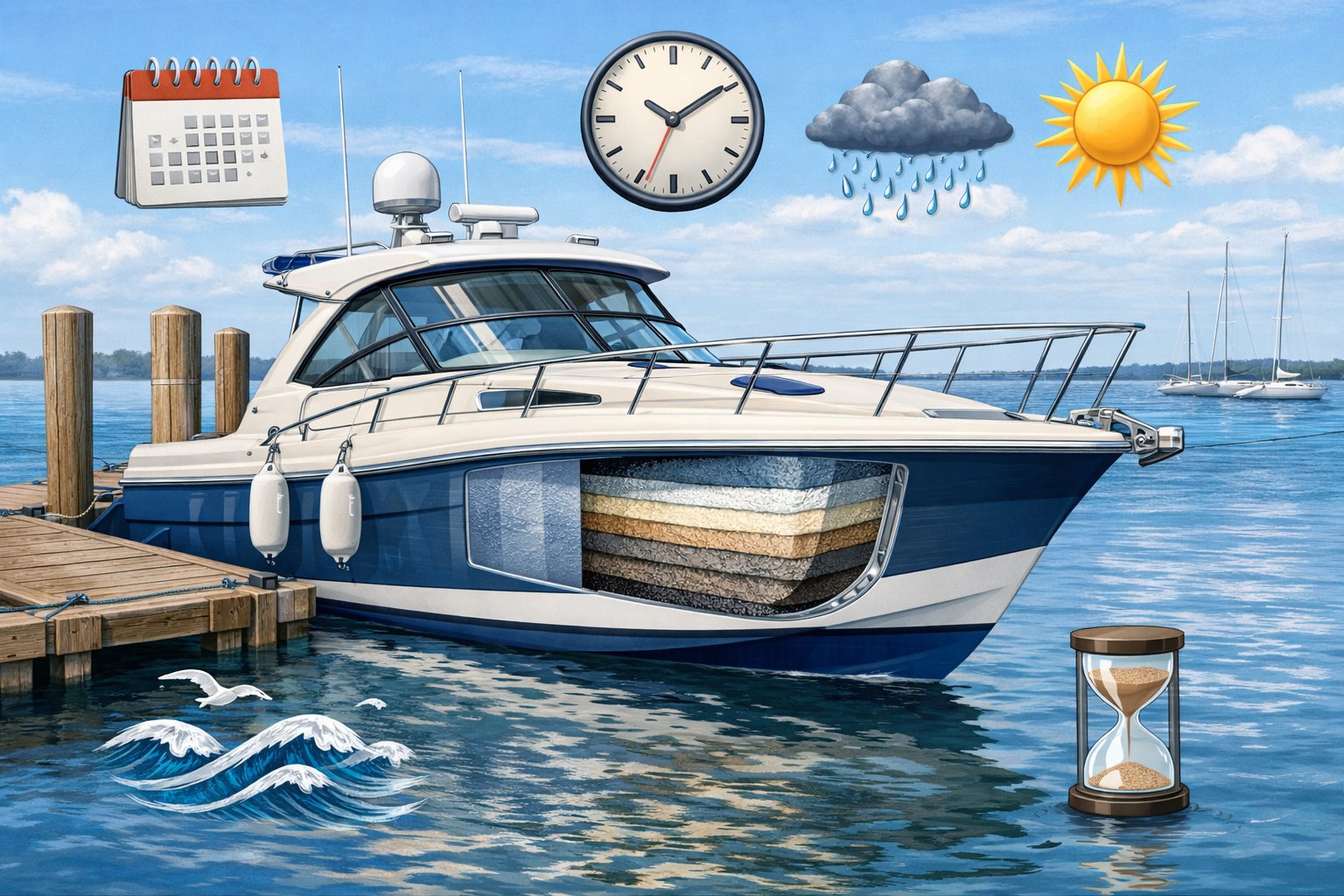 A boat docked at a marina with a cutaway section showing fiberglass repairs on the hull and icons representing time and weather around it.