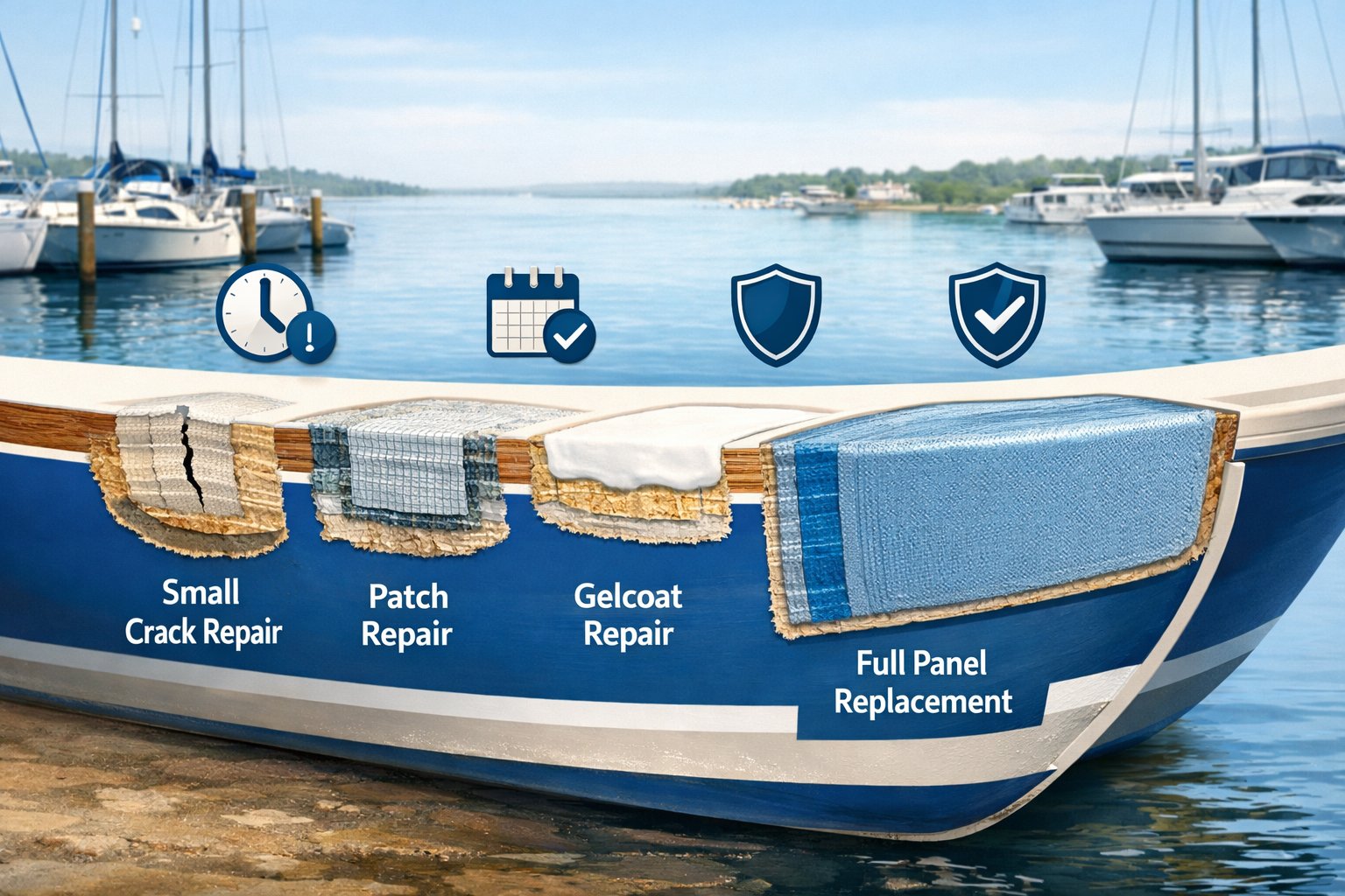 Cross-sectional illustration of a boat hull showing different types of fiberglass repairs with icons representing their expected durability, set against a marina background with boats.