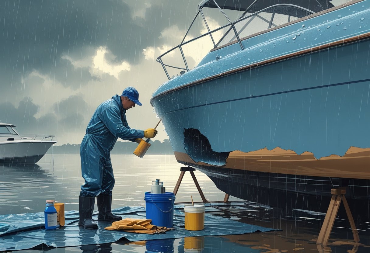 A person repairing a fiberglass boat outdoors in the rain, applying resin to the boat's hull near a dock.