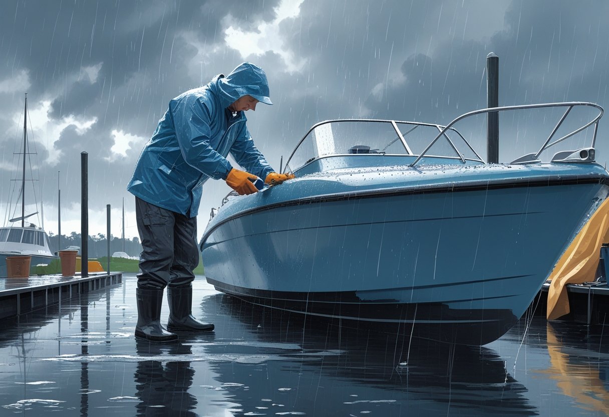 A person repairing a fiberglass boat outdoors in the rain, wearing waterproof clothing and applying repair materials to the boat's hull.