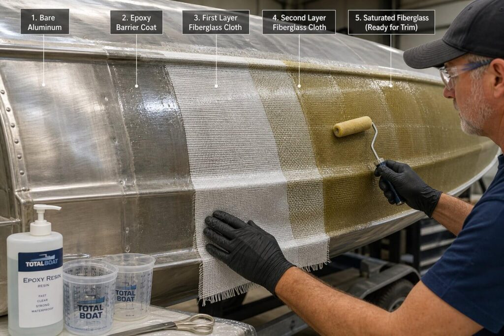 Fiberglass Cloth Being Installed on Aluminum Boat