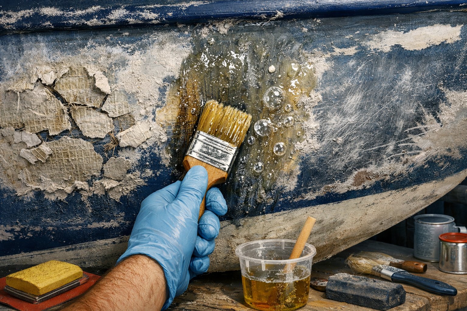 Close-up of a boat hull showing damaged fiberglass with cracks, peeling patches, air bubbles under resin, and scratched surfaces from improper repairs.