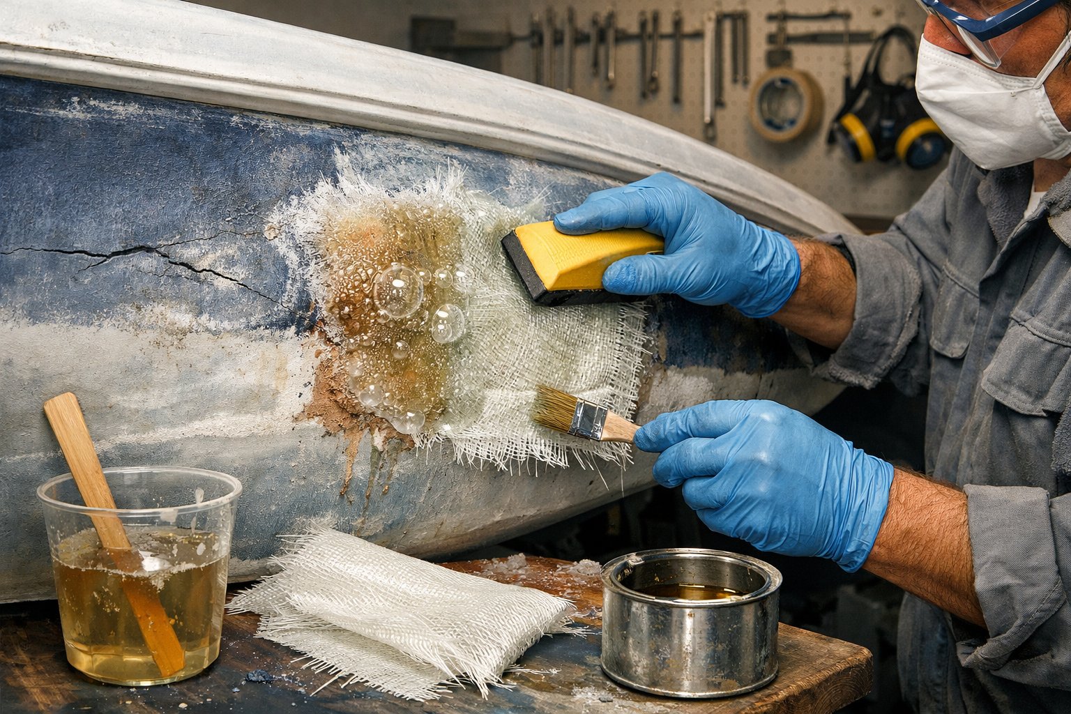 A technician repairing a fiberglass boat hull, showing damaged areas and repair tools in a workshop setting.