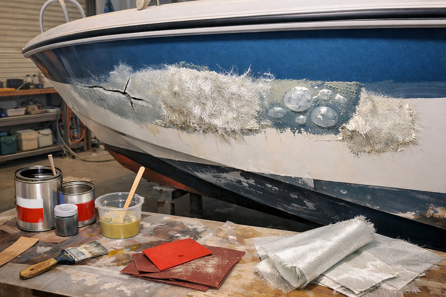 A boat hull in a workshop showing areas of damaged and improperly repaired fiberglass alongside repair tools.