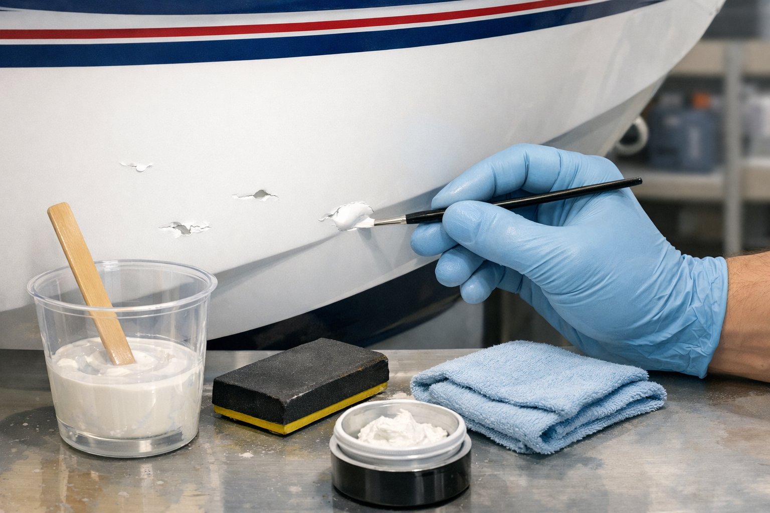 A person repairing small chips on a boat hull by applying gelcoat resin with a brush in a workshop.