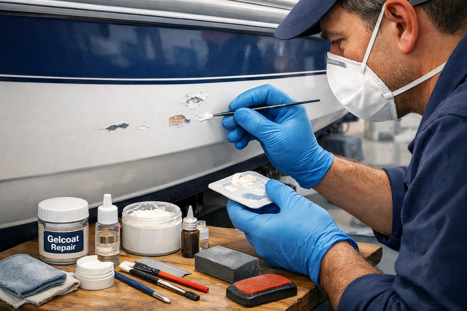 A technician repairing gelcoat chips on a boat hull using specialized tools and materials in a workshop.