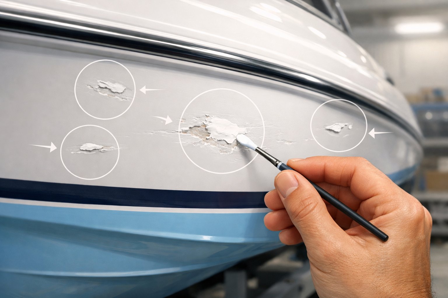 Close-up of a hand repairing small chips on a boat hull using gelcoat repair material in a workshop setting.