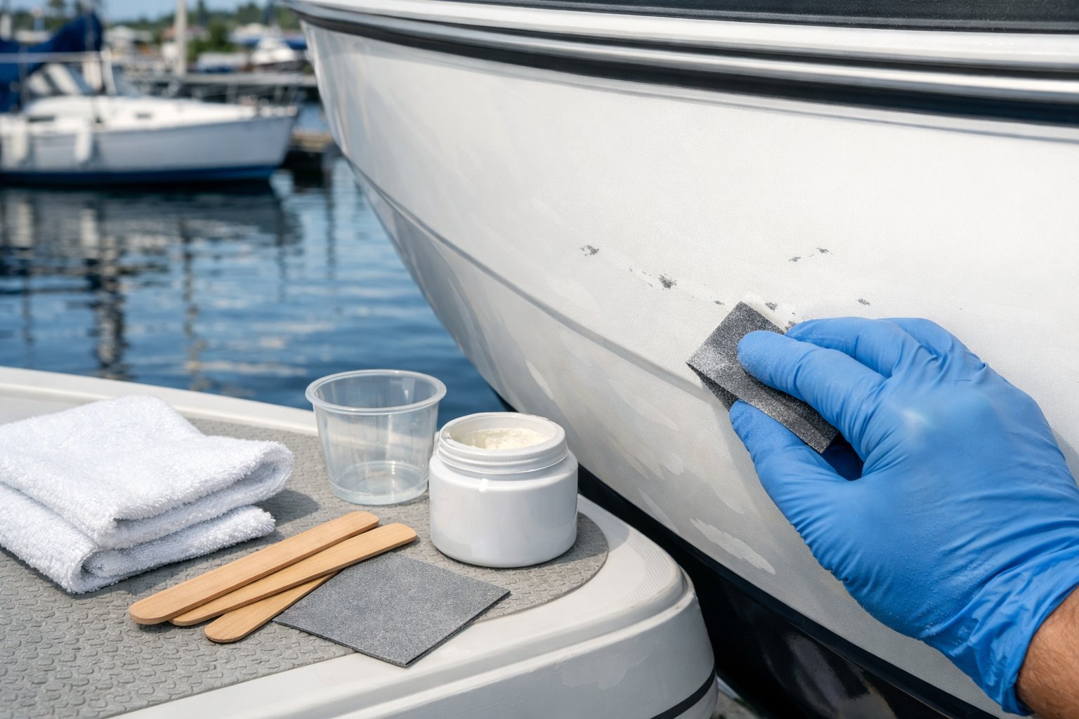 A close-up of a person sanding small chips on a boat hull, preparing the surface for gelcoat repair.