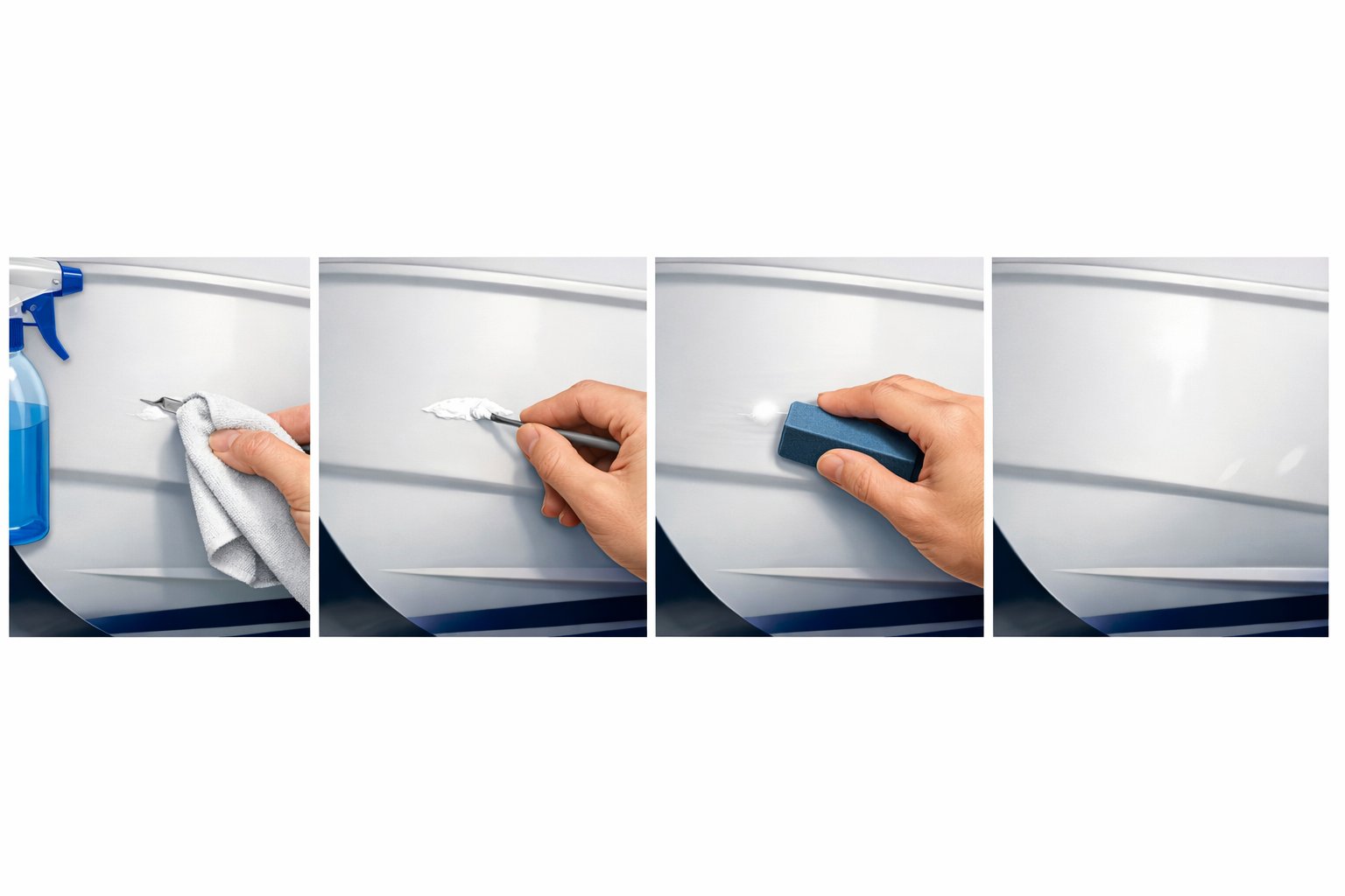 Four-panel illustration showing hands cleaning, applying filler, sanding, and polishing a chip on a boat hull.