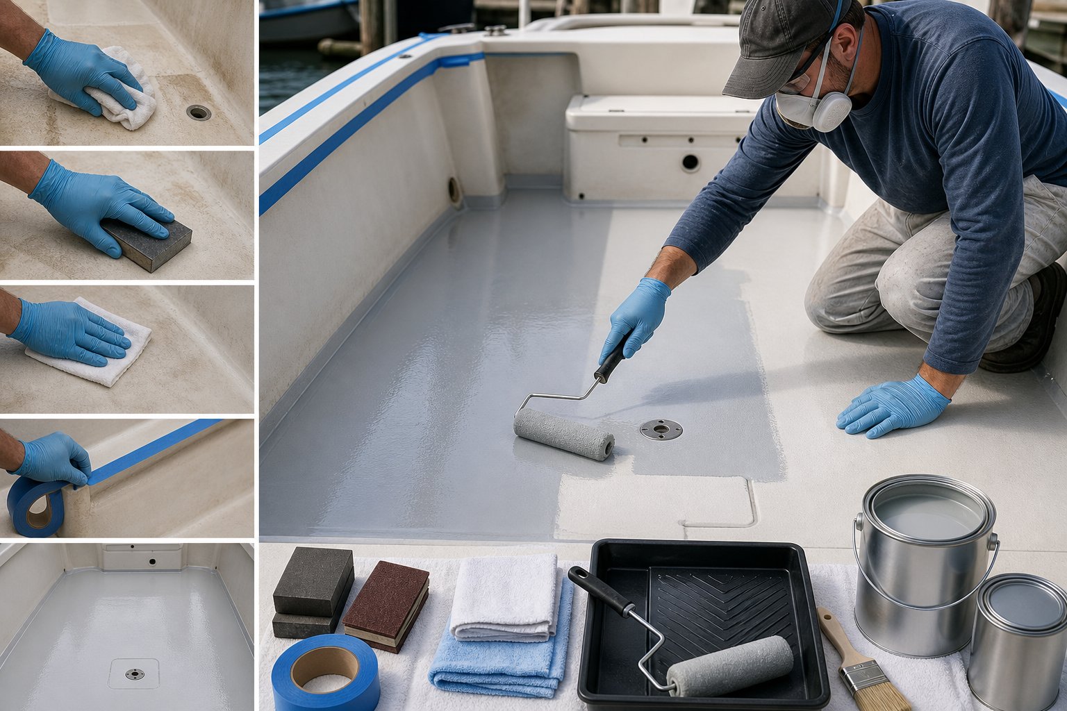 A person painting the floor of a fiberglass boat using a roller brush, surrounded by painting tools inside the boat.