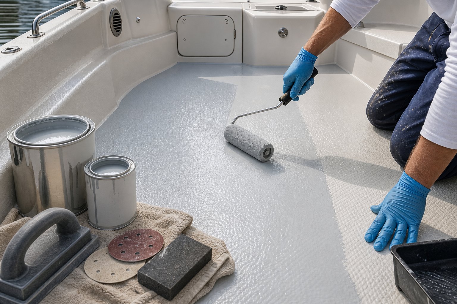 Person painting the floor of a fiberglass boat using a roller, with painting tools nearby.