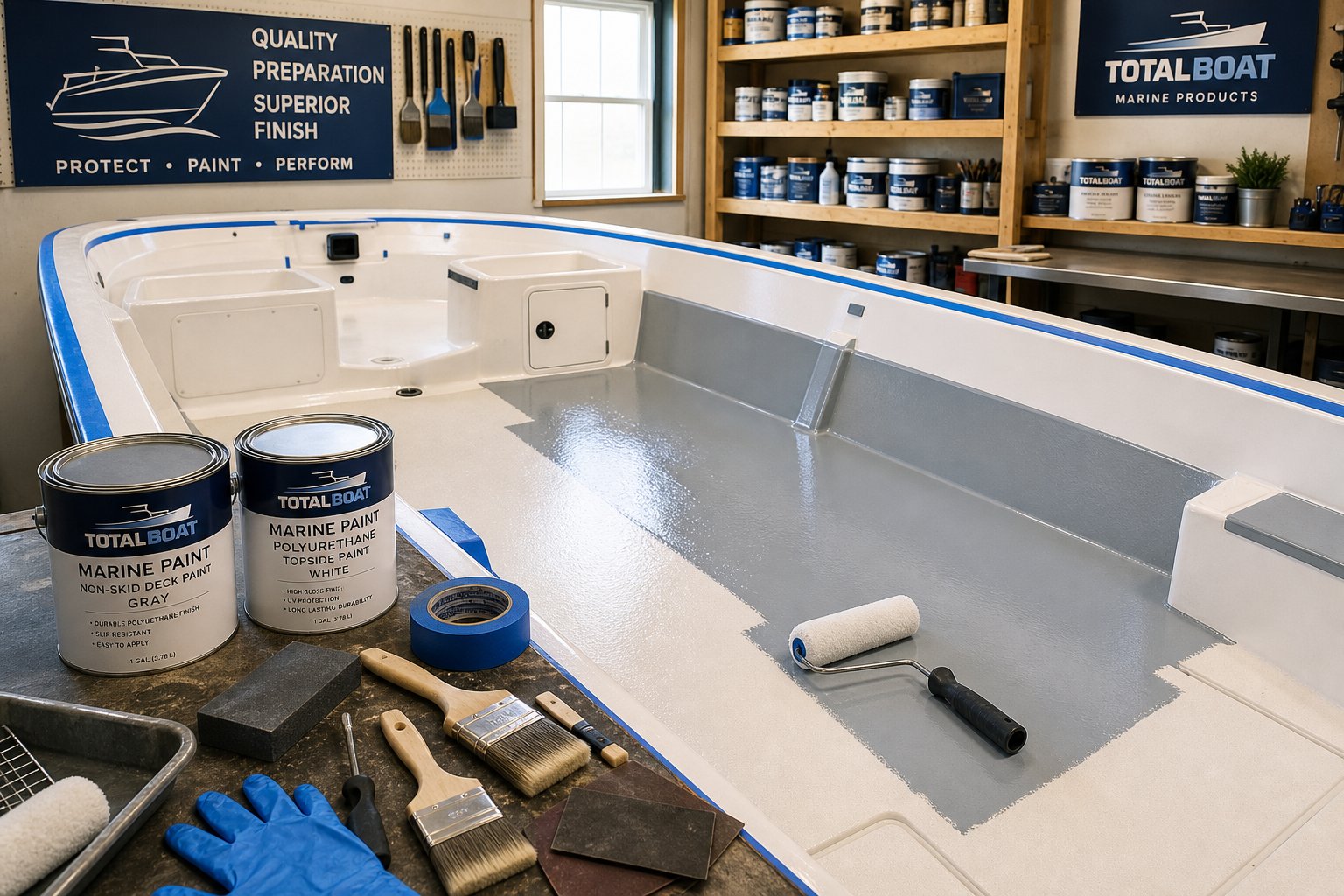 A workspace with tools and materials arranged around a fiberglass boat floor being painted.