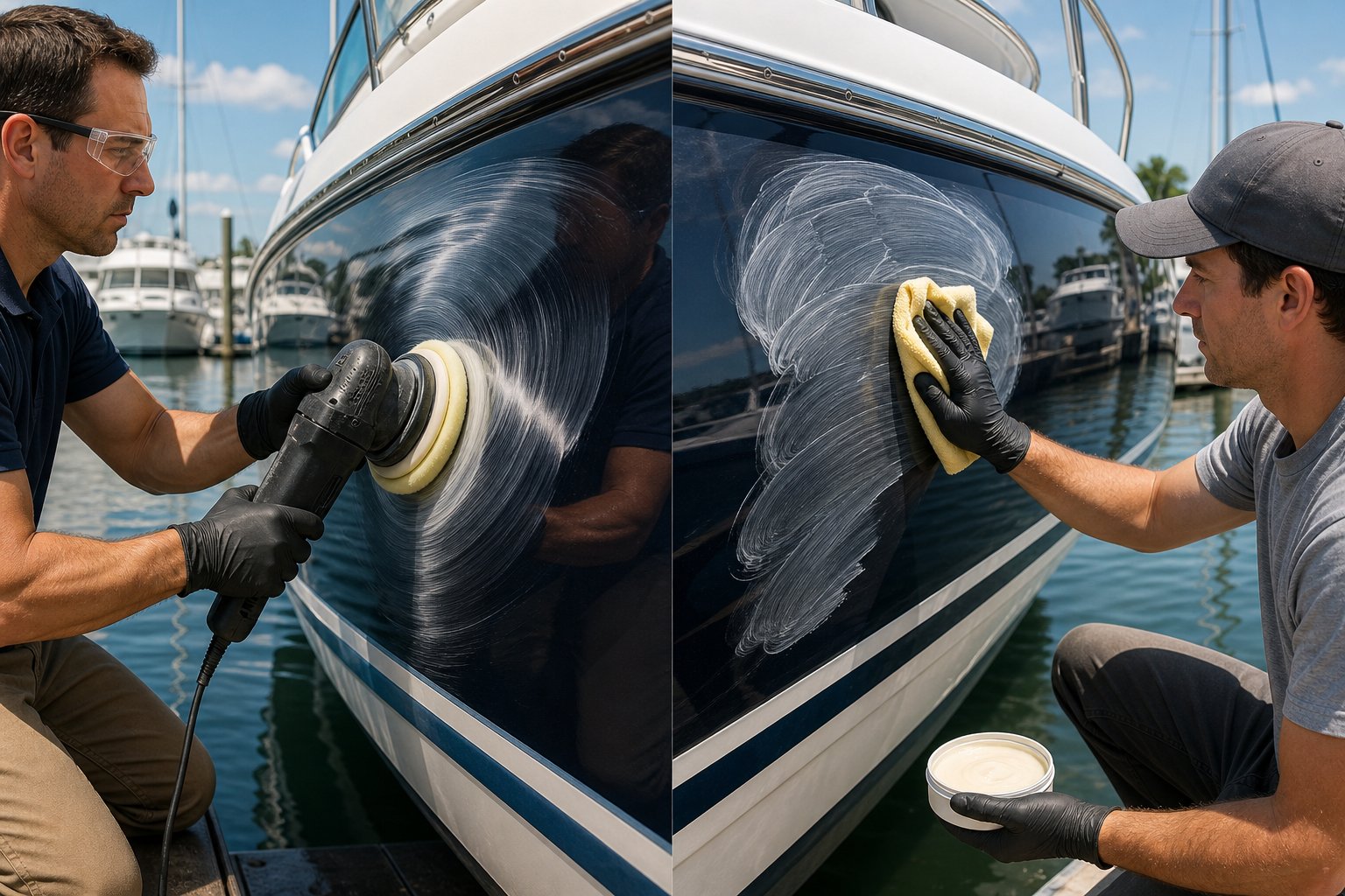 buffing vs. waxing: Two people working on a boat at a marina, one using a buffer machine on the hull and the other applying wax with a cloth.