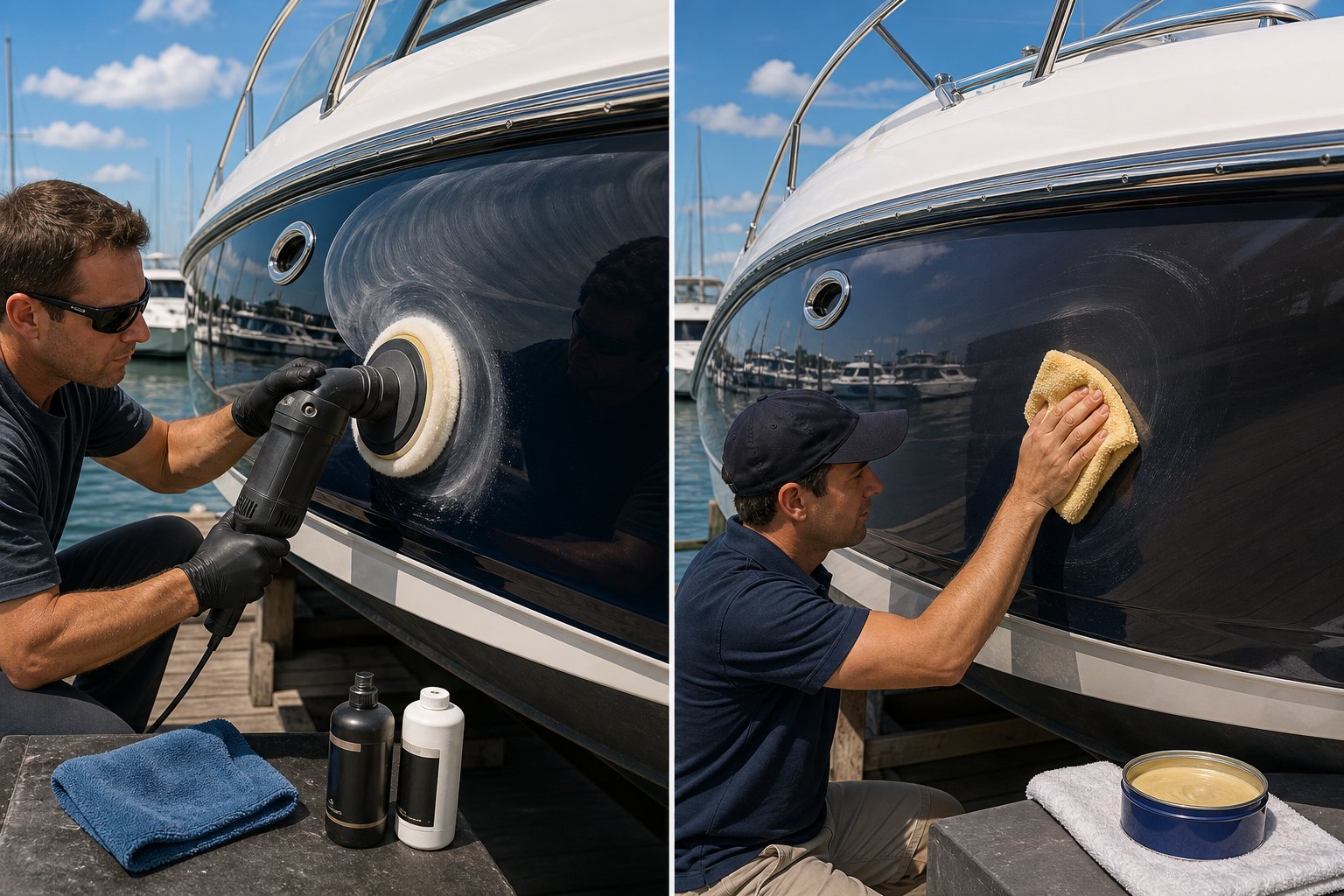 Buffing vs. waxing: A person buffing the hull of a boat on one side and another person applying wax with a cloth on the other side, with a marina in the background.
