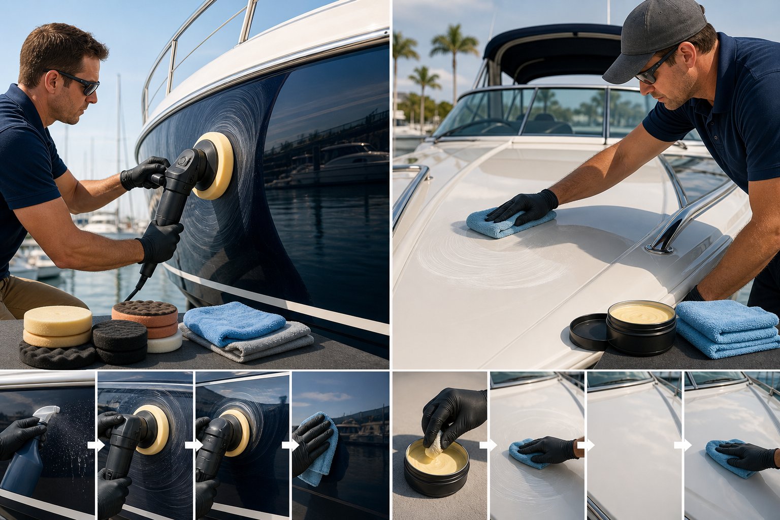 Two people restoring a boat's surface at a marina, one using a buffing machine on the hull and the other applying wax with a cloth on the deck.