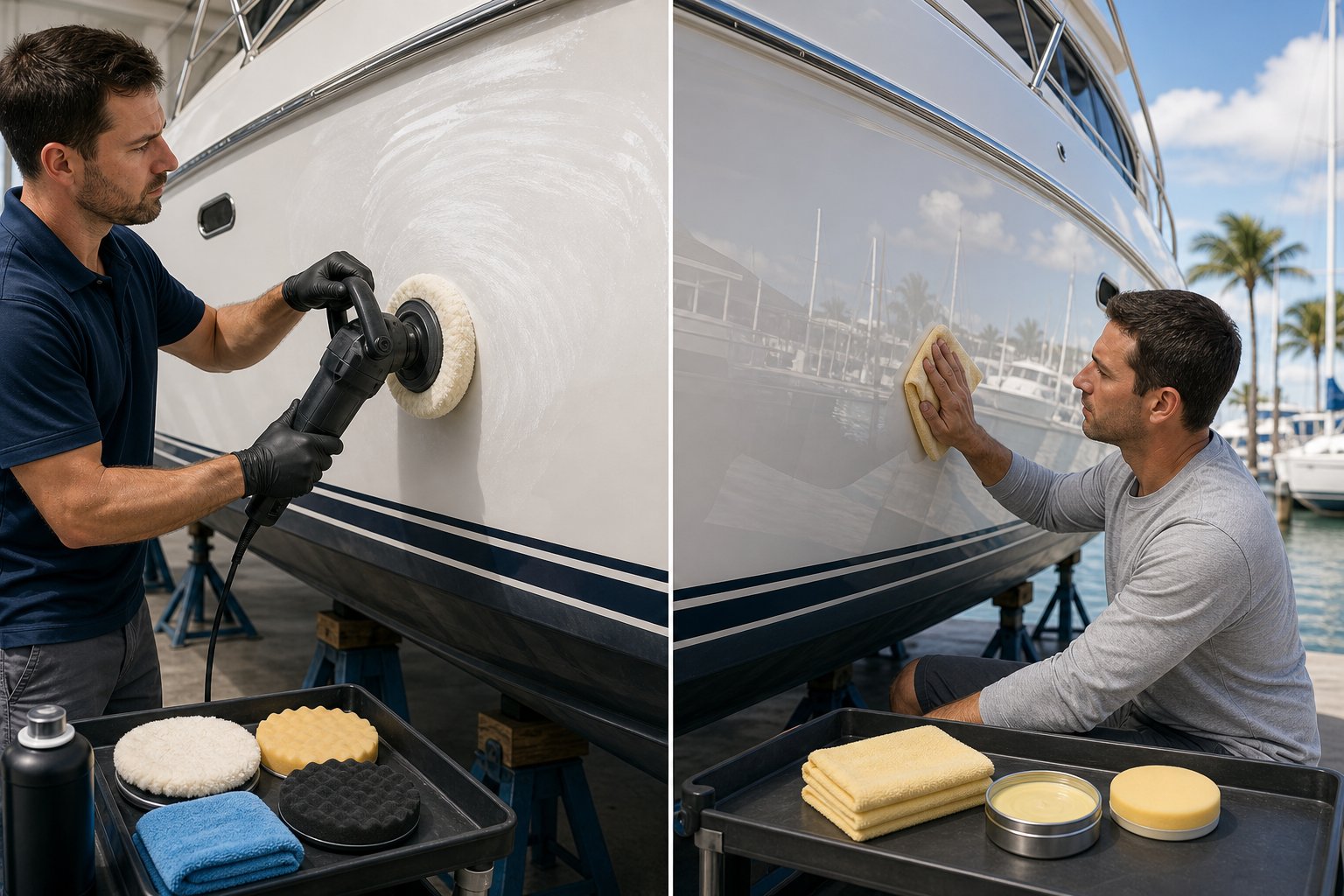 Two people maintaining boats side by side, one buffing a boat hull with a machine and the other applying wax with a cloth.