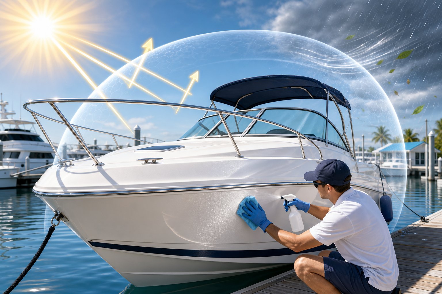 A fiberglass boat docked at a marina with a person applying a protective coating, sunlight shining, and subtle weather elements like rain and wind nearby.