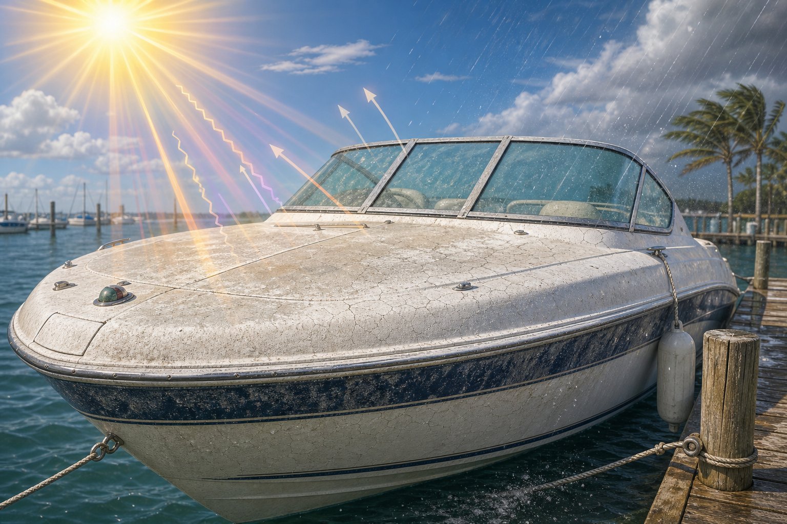 A fiberglass boat at a marina under bright sunlight showing signs of wear from UV rays and weather exposure.