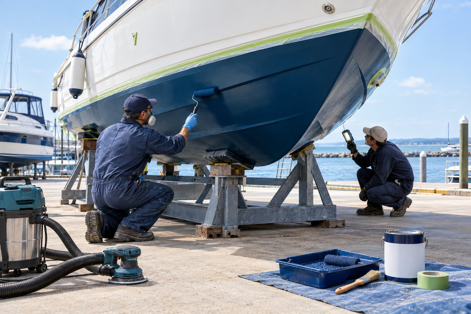 A technician applies protective paint to the bottom of a fiberglass boat raised on a cradle.