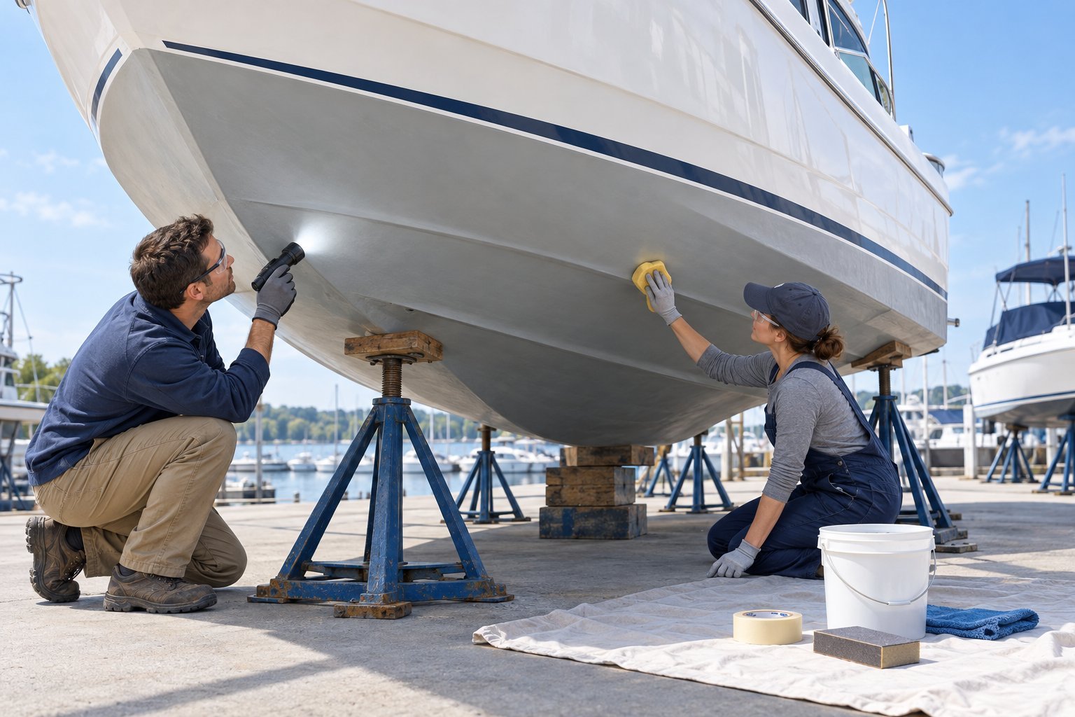 A person inspects and cleans the underside of a fiberglass boat supported on stands.